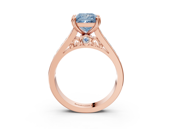 Rose Gold Princess Cut Channel Set Solitaire Engagement Ring Setting for Fancy Blue Center with Double Claw Prongs