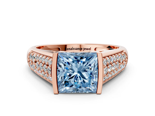 Rose gold Fancy Blue Princess Cut Diamond Channel Set Pave Band with Tension Prong Setting
