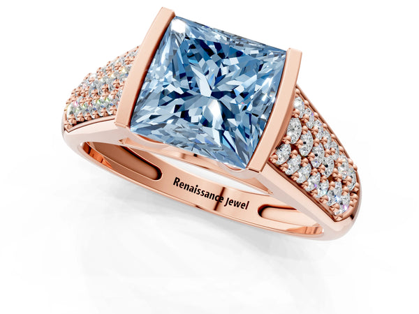 Rose gold Fancy Blue Princess Cut Diamond Channel Set Pave Band with Tension Prong Setting