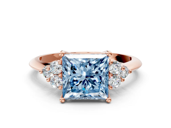 Rose gold Fancy Blue Princess Cut Cut Diamond Cluster Ring with Solitaire Band and Four-Prong Setting
