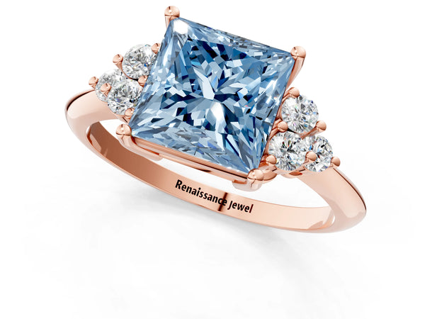 Rose gold Fancy Blue Princess Cut Cut Diamond Cluster Ring with Solitaire Band and Four-Prong Setting