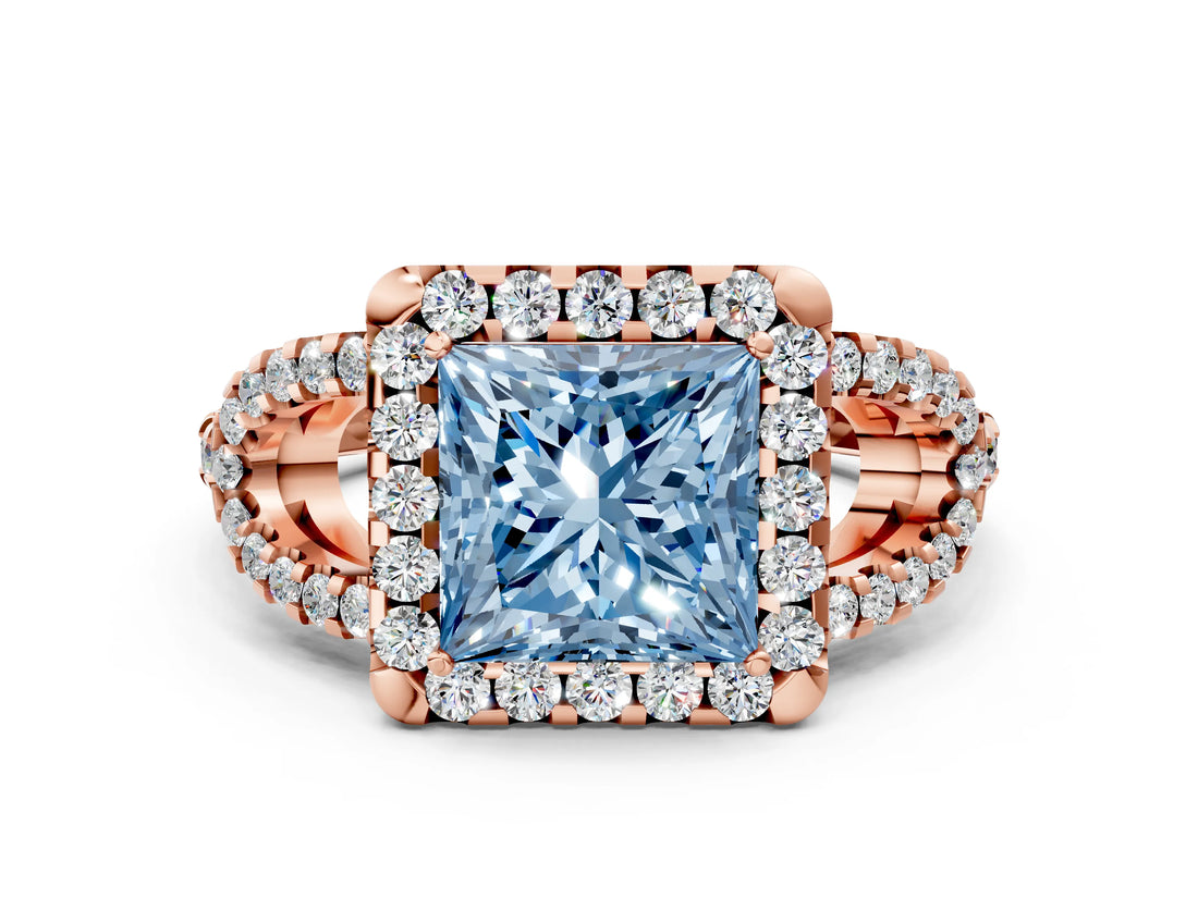 Rose gold Fancy Blue Princess Cut Cut Diamond Halo Engagement Ring with Open Split Pavé Band