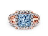 Rose gold Fancy Blue Princess Cut Cut Diamond Halo Engagement Ring with Open Split Pavé Band