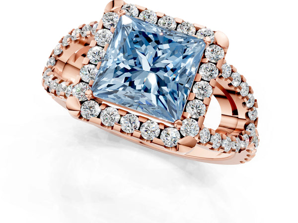 Rose Gold Princess Cut Split Shank Pave Halo Engagement Ring Setting for Fancy Blue Center