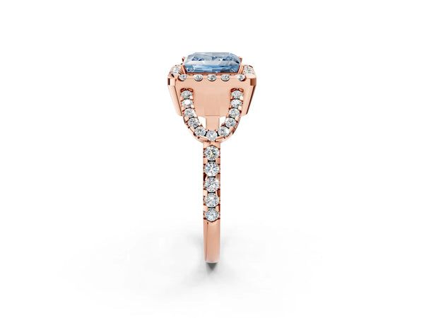 Rose Gold Princess Cut Split Shank Pave Halo Engagement Ring Setting for Fancy Blue Center