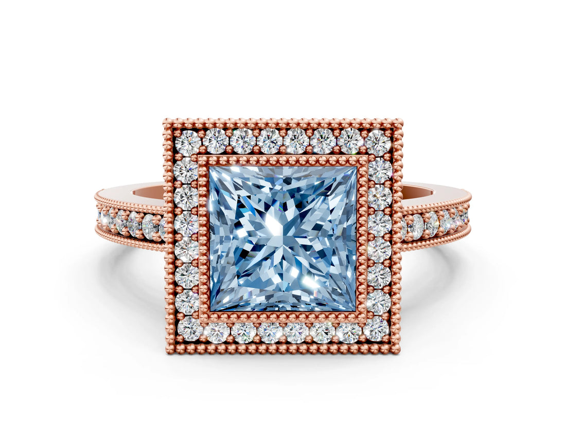 Rose gold Fancy Blue Princess Cut-Cut Diamond Halo Engagement Ring with Pave Band and Prong Setting