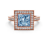 Rose gold Fancy Blue Princess Cut-Cut Diamond Halo Engagement Ring with Pave Band and Prong Setting