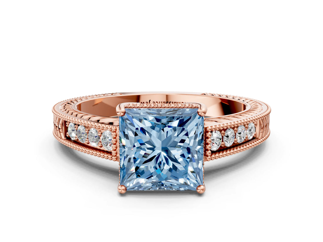 Rose gold Fancy Blue Princess Cut Cut Diamond Milgrain Pave Band Four-Prong Setting Ring_3