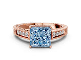 Rose gold Fancy Blue Princess Cut Cut Diamond Milgrain Pave Band Four-Prong Setting Ring_3