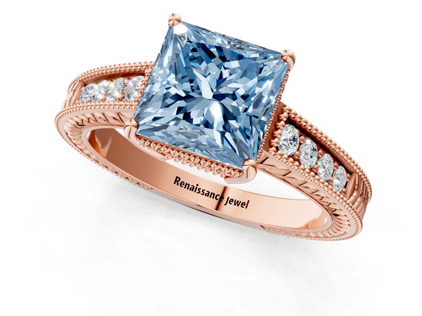 Rose gold Fancy Blue Princess Cut Cut Diamond Milgrain Pave Band Four-Prong Setting Ring