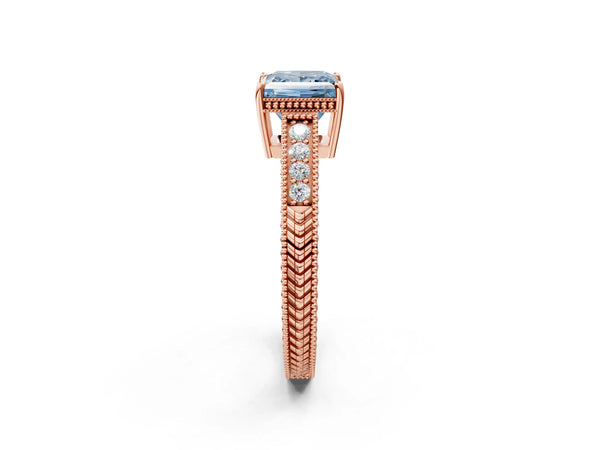 Rose gold Fancy Blue Princess Cut Cut Diamond Milgrain Pave Band Four-Prong Setting Ring