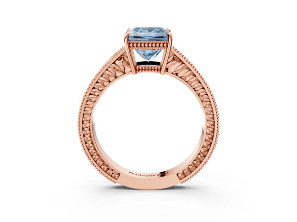 Rose gold Fancy Blue Princess Cut Cut Diamond Milgrain Pave Band Four-Prong Setting Ring