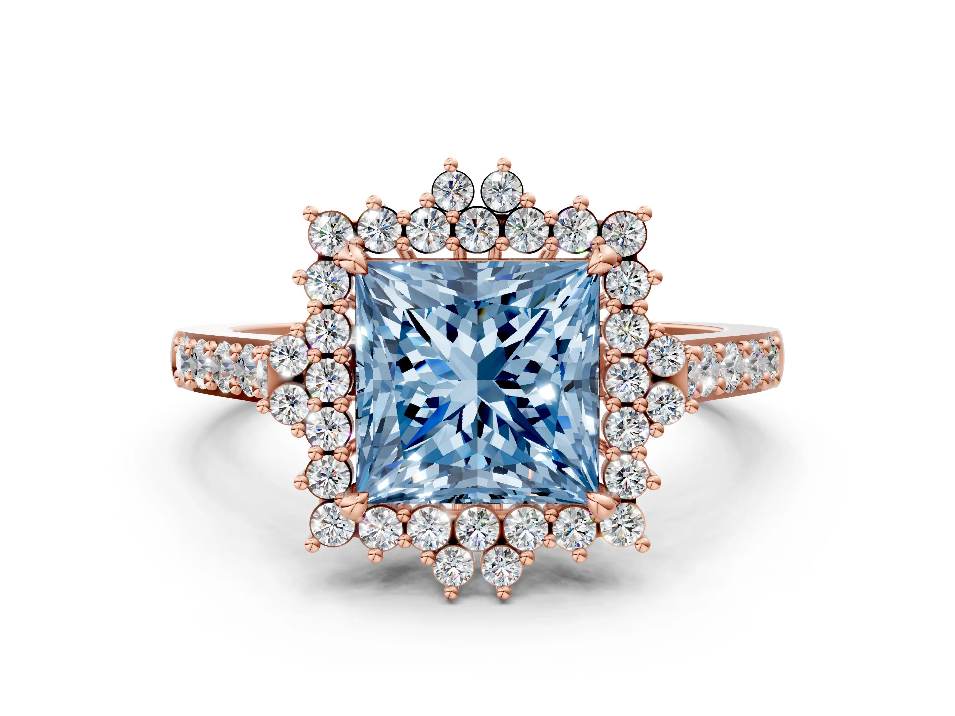 Rose gold Fancy Blue Princess Cut Cut Diamond Sunburst Halo Engagement Ring with Pavé Band