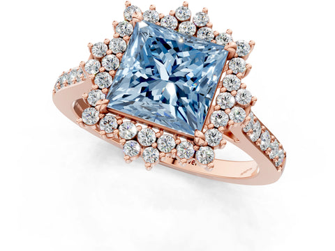 Rose gold Fancy Blue Princess Cut Cut Diamond Sunburst Halo Engagement Ring with Pavé Band_1
