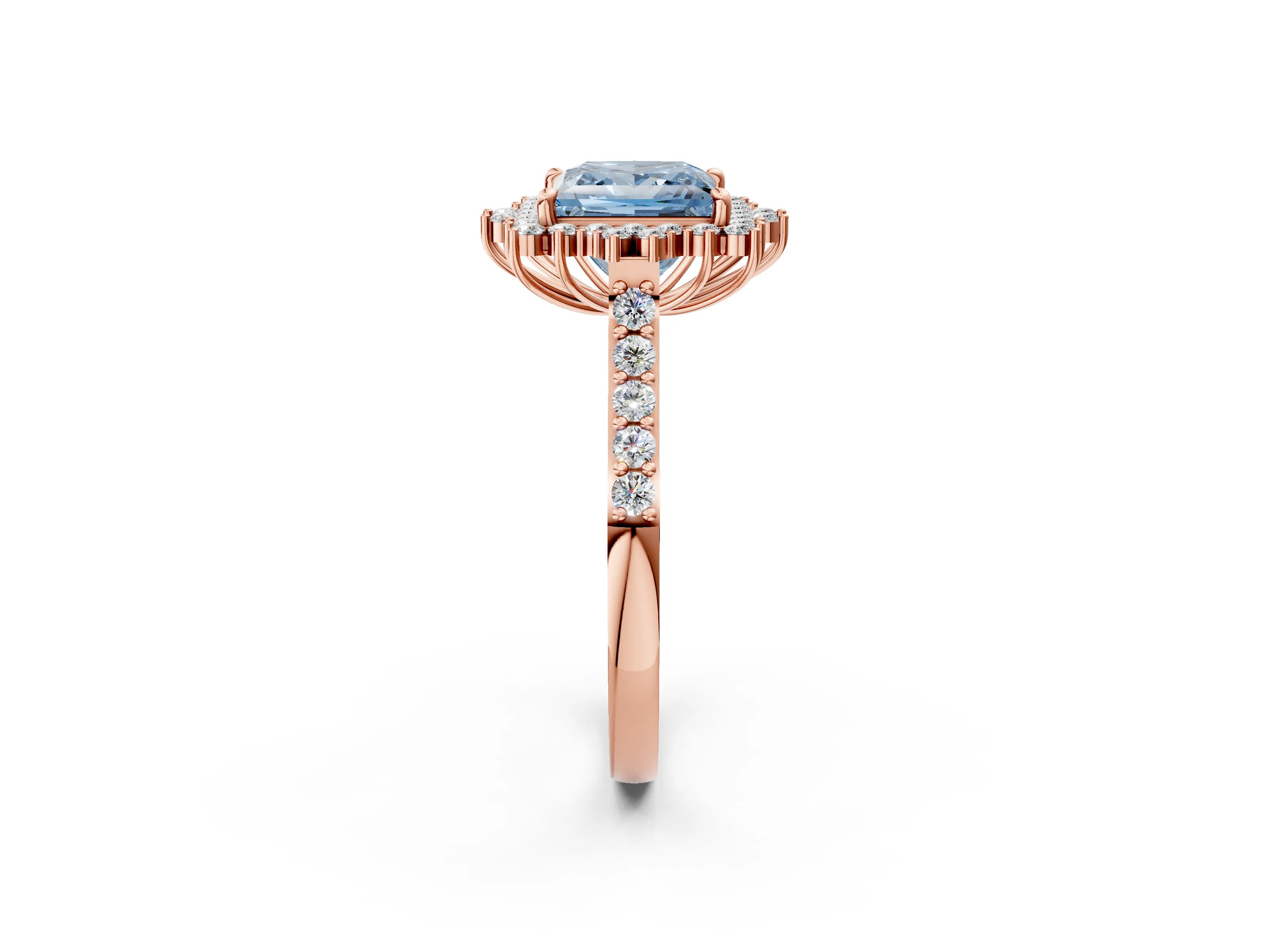 Rose gold Fancy Blue Princess Cut Cut Diamond Sunburst Halo Engagement Ring with Pavé Band_2