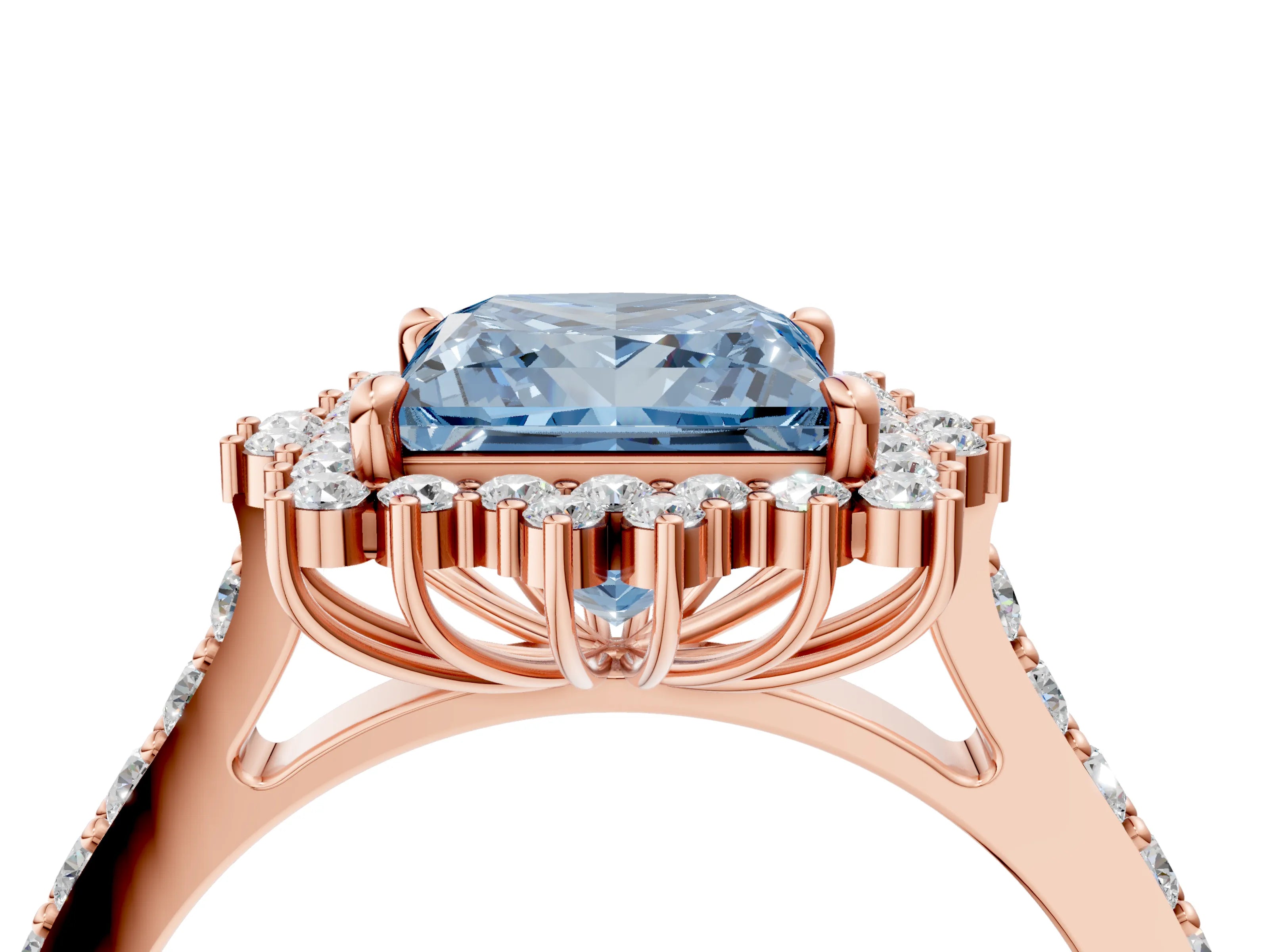 Rose gold Fancy Blue Princess Cut Cut Diamond Sunburst Halo Engagement Ring with Pavé Band_4
