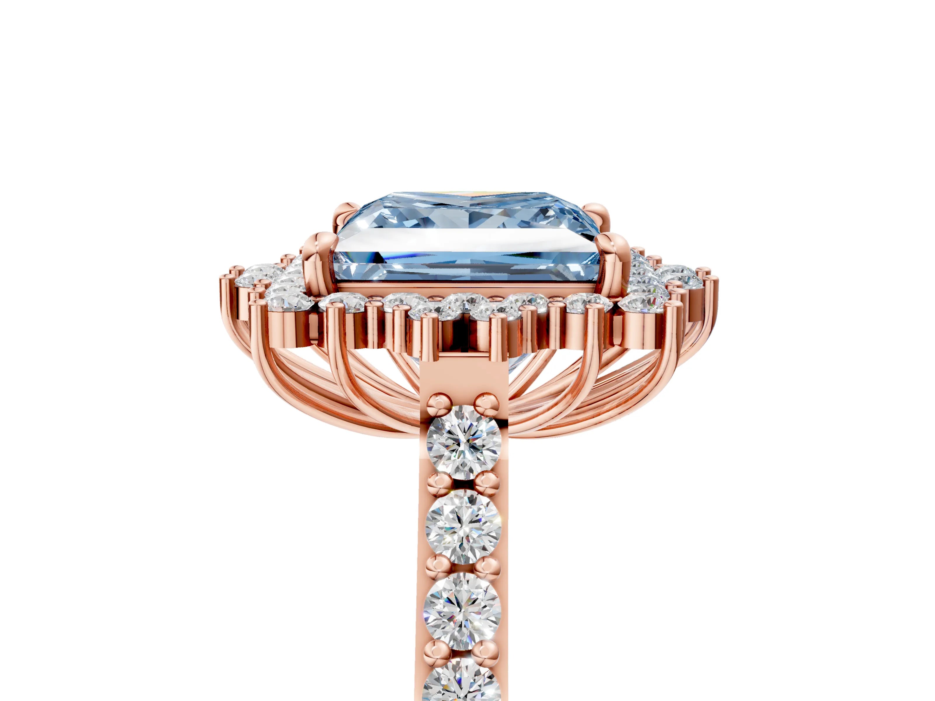 Rose gold Fancy Blue Princess Cut Cut Diamond Sunburst Halo Engagement Ring with Pavé Band_5