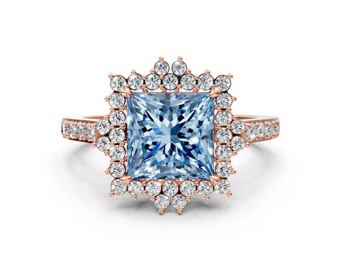 Rose gold Fancy Blue Princess Cut Cut Diamond Sunburst Halo Engagement Ring with Pavé Band
