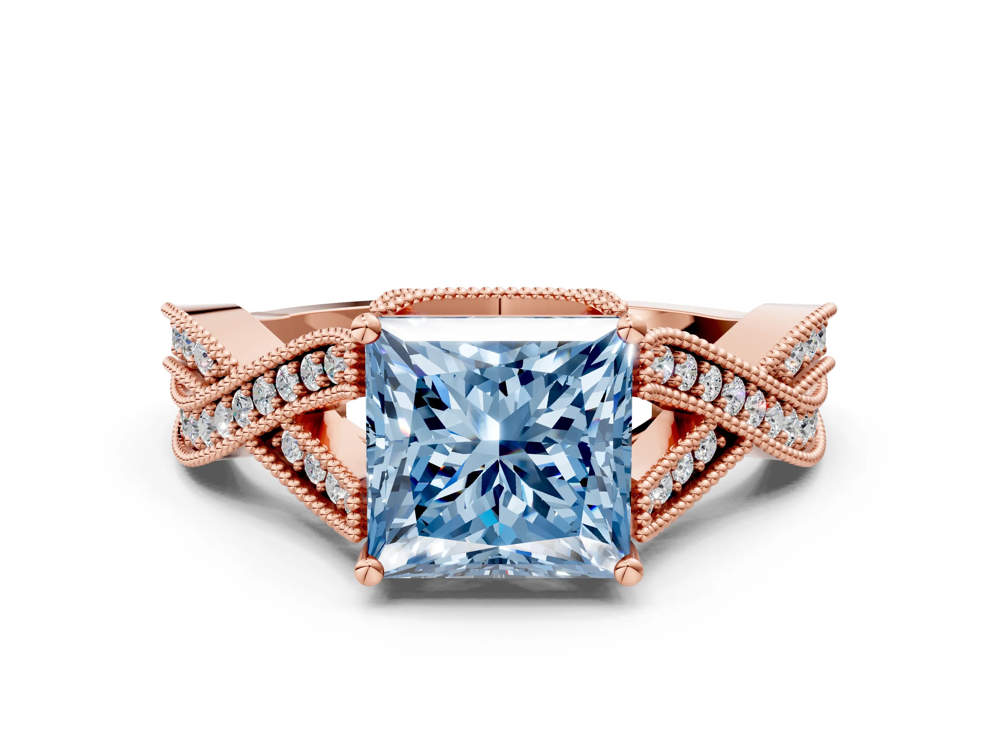 Rose gold Fancy Blue Princess Cut Cut Diamond Twisted Band with Milgrain Pave Setting and Four-Prong Setting