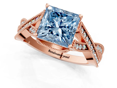 Rose gold Fancy Blue Princess Cut Cut Diamond Twisted Band with Milgrain Pave Setting and Four-Prong Setting_1
