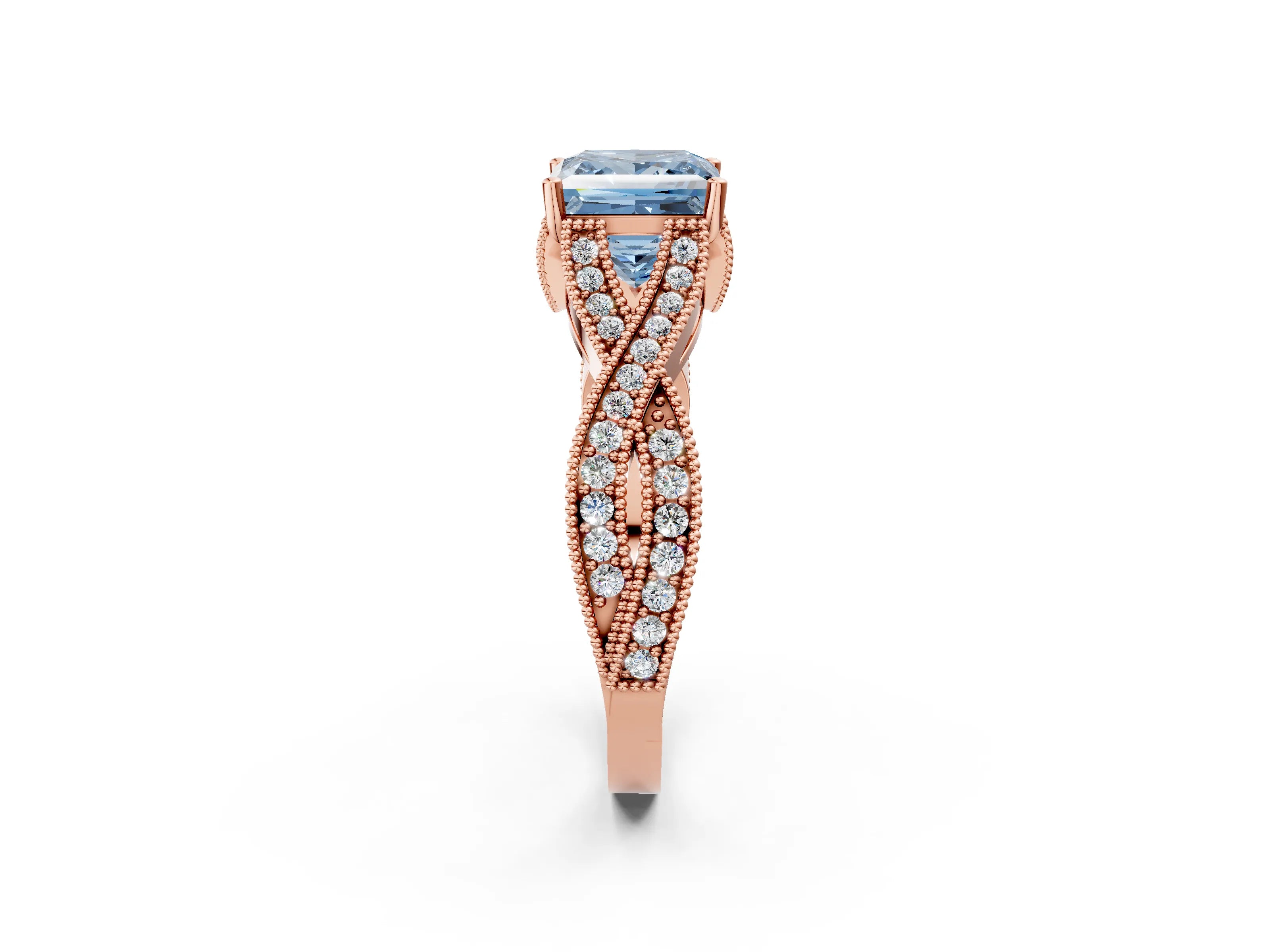 Rose gold Fancy Blue Princess Cut Cut Diamond Twisted Band with Milgrain Pave Setting and Four-Prong Setting_2