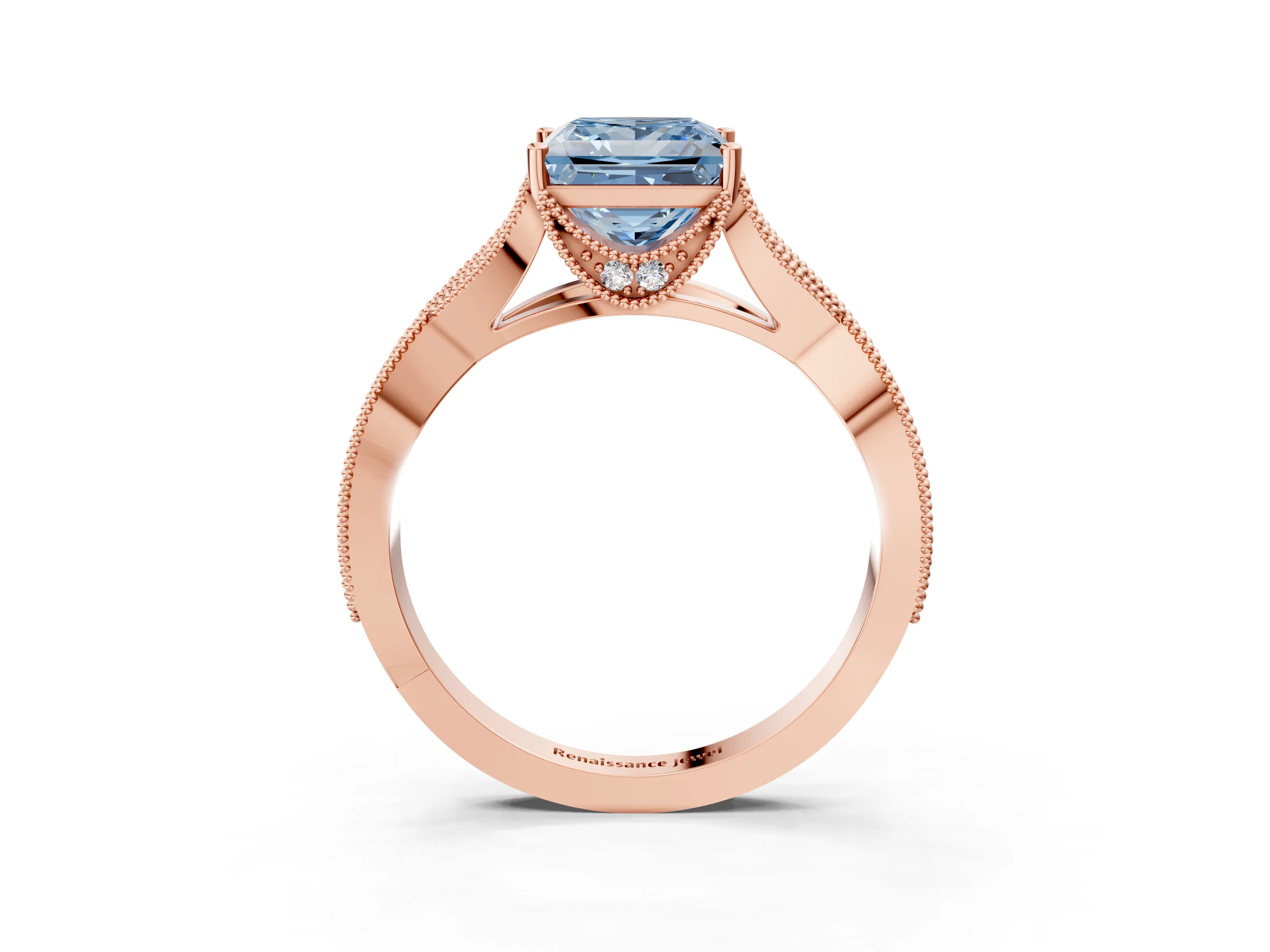 Rose gold Fancy Blue Princess Cut Cut Diamond Twisted Band with Milgrain Pave Setting and Four-Prong Setting_3
