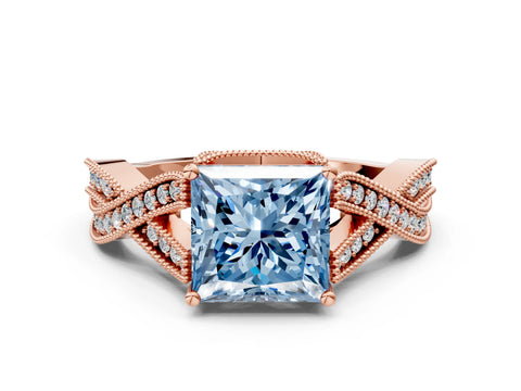 Rose gold Fancy Blue Princess Cut Cut Diamond Twisted Band with Milgrain Pave Setting and Four-Prong Setting