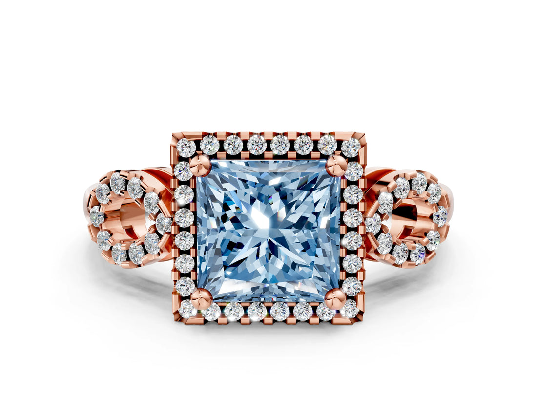 Rose gold Fancy Blue Princess Cut Cut Halo Diamond Infinity Band with Four-Prong Setting