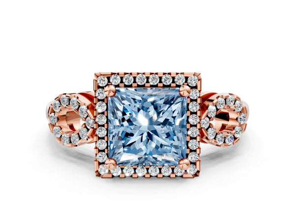 Rose Gold Princess Cut Pave Infinity Halo Engagement Ring Setting for Fancy Blue Center