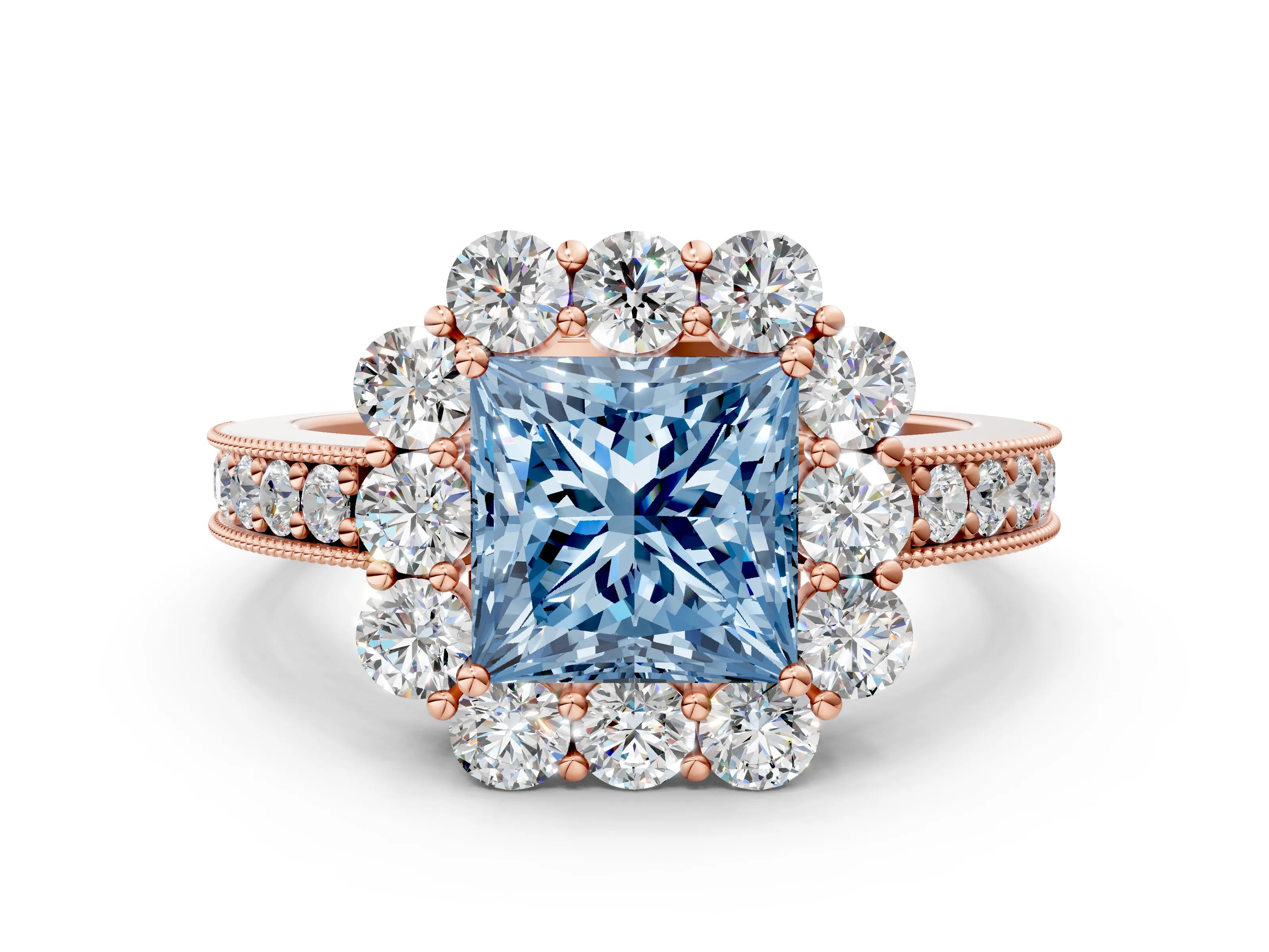 Rose gold Fancy Blue Princess Cut Cut Halo Diamond Pavé Engagement Ring with Milgrain Detailing