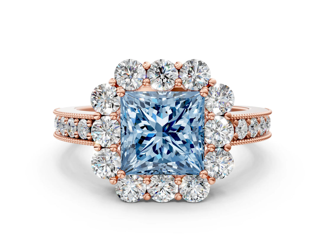 Rose gold Fancy Blue Princess Cut Cut Halo Diamond Pavé Engagement Ring with Milgrain Detailing
