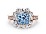 Rose gold Fancy Blue Princess Cut Cut Halo Diamond Pavé Engagement Ring with Milgrain Detailing
