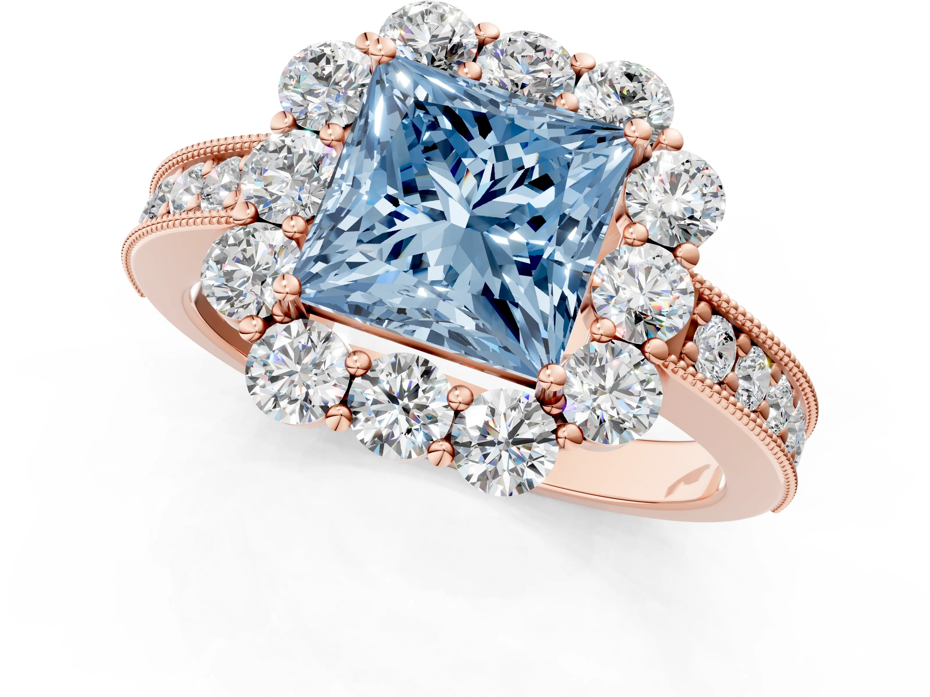 Rose gold Fancy Blue Princess Cut Cut Halo Diamond Pavé Engagement Ring with Milgrain Detailing_1