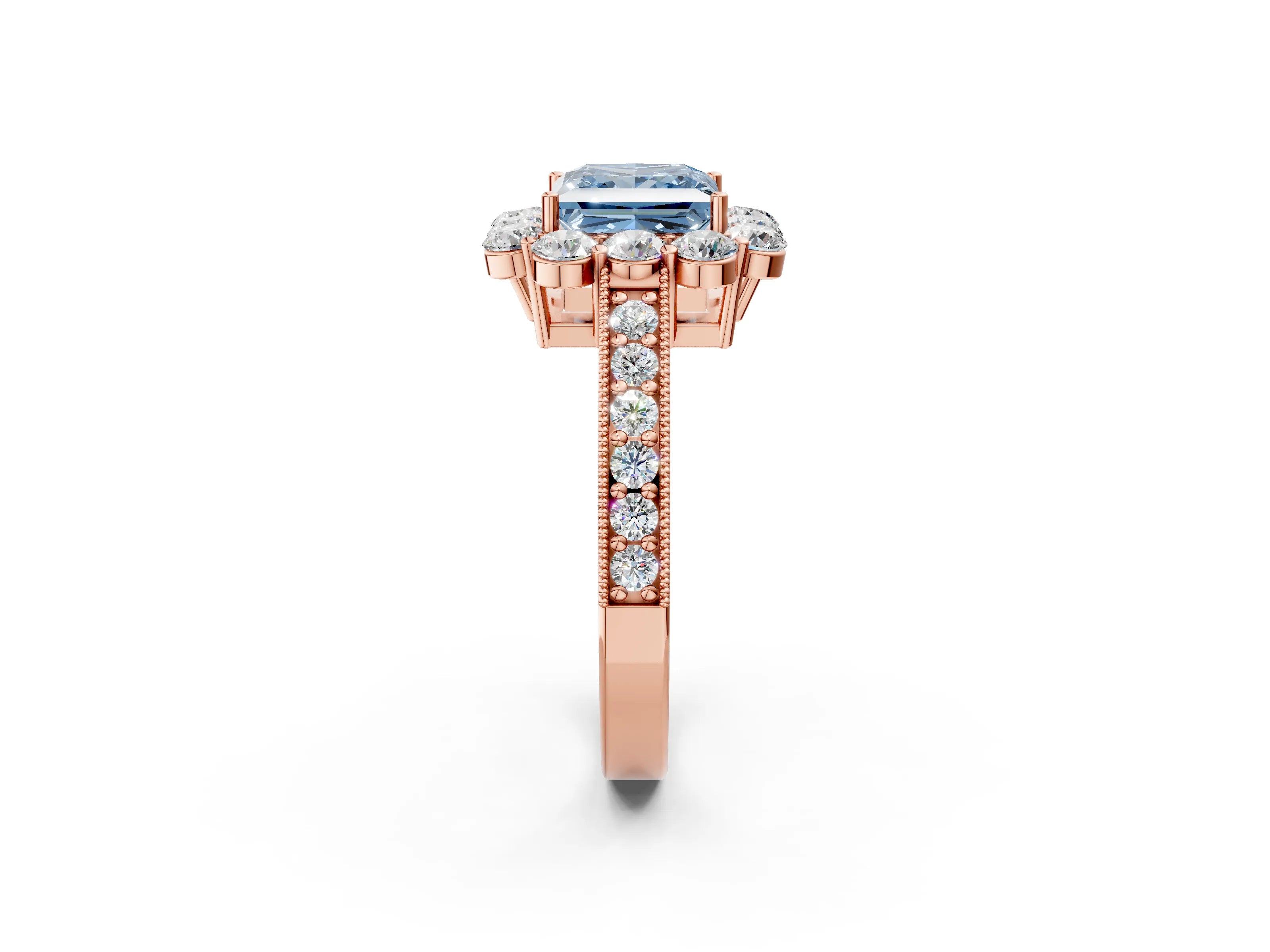 Rose gold Fancy Blue Princess Cut Cut Halo Diamond Pavé Engagement Ring with Milgrain Detailing_2