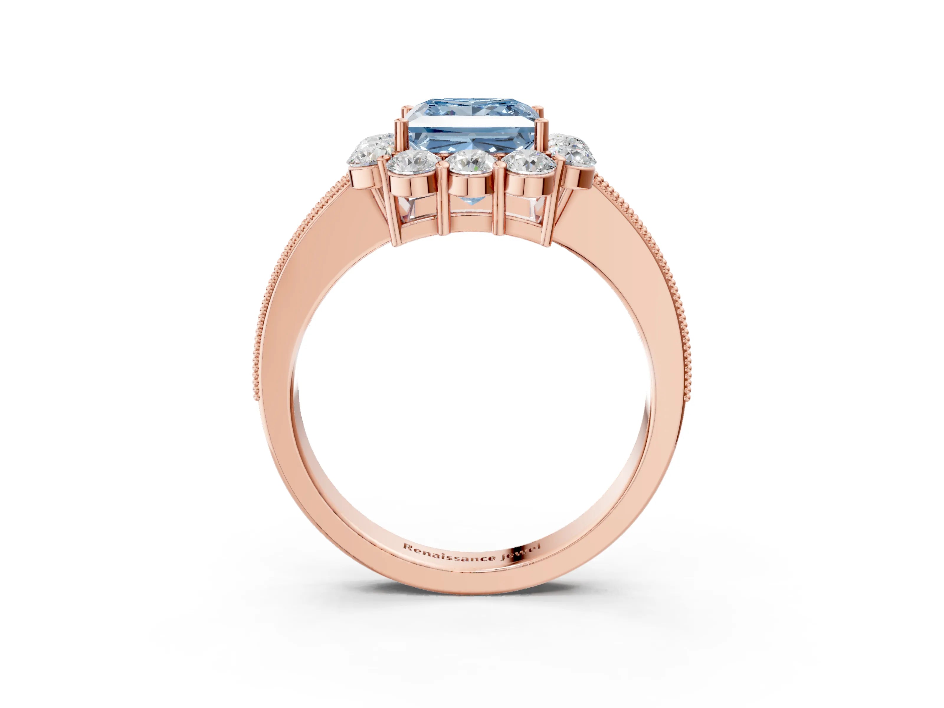 Rose gold Fancy Blue Princess Cut Cut Halo Diamond Pavé Engagement Ring with Milgrain Detailing_3