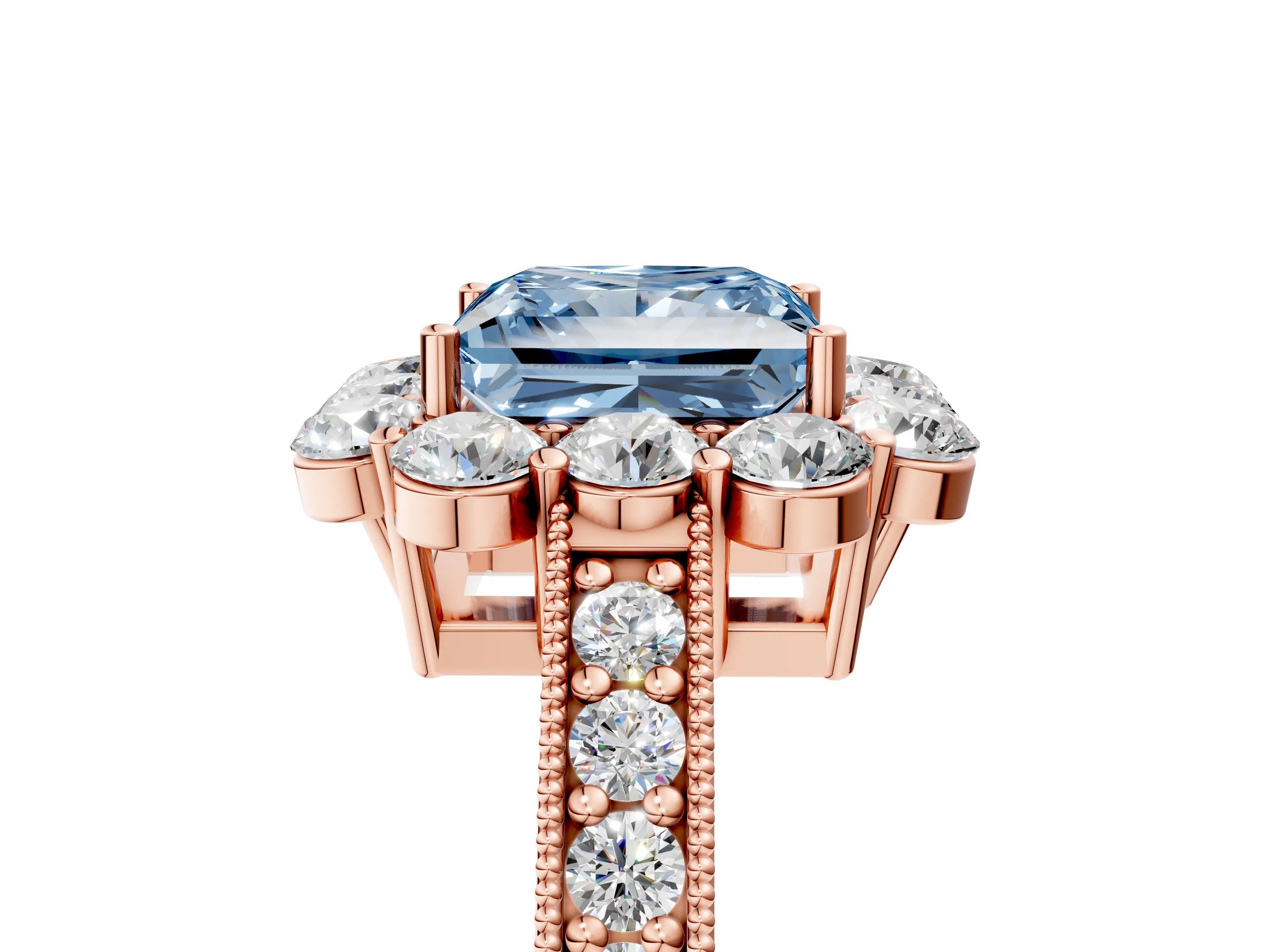 Rose gold Fancy Blue Princess Cut Cut Halo Diamond Pavé Engagement Ring with Milgrain Detailing_5