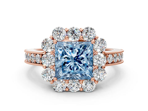 Rose gold Fancy Blue Princess Cut Cut Halo Diamond Pavé Engagement Ring with Milgrain Detailing