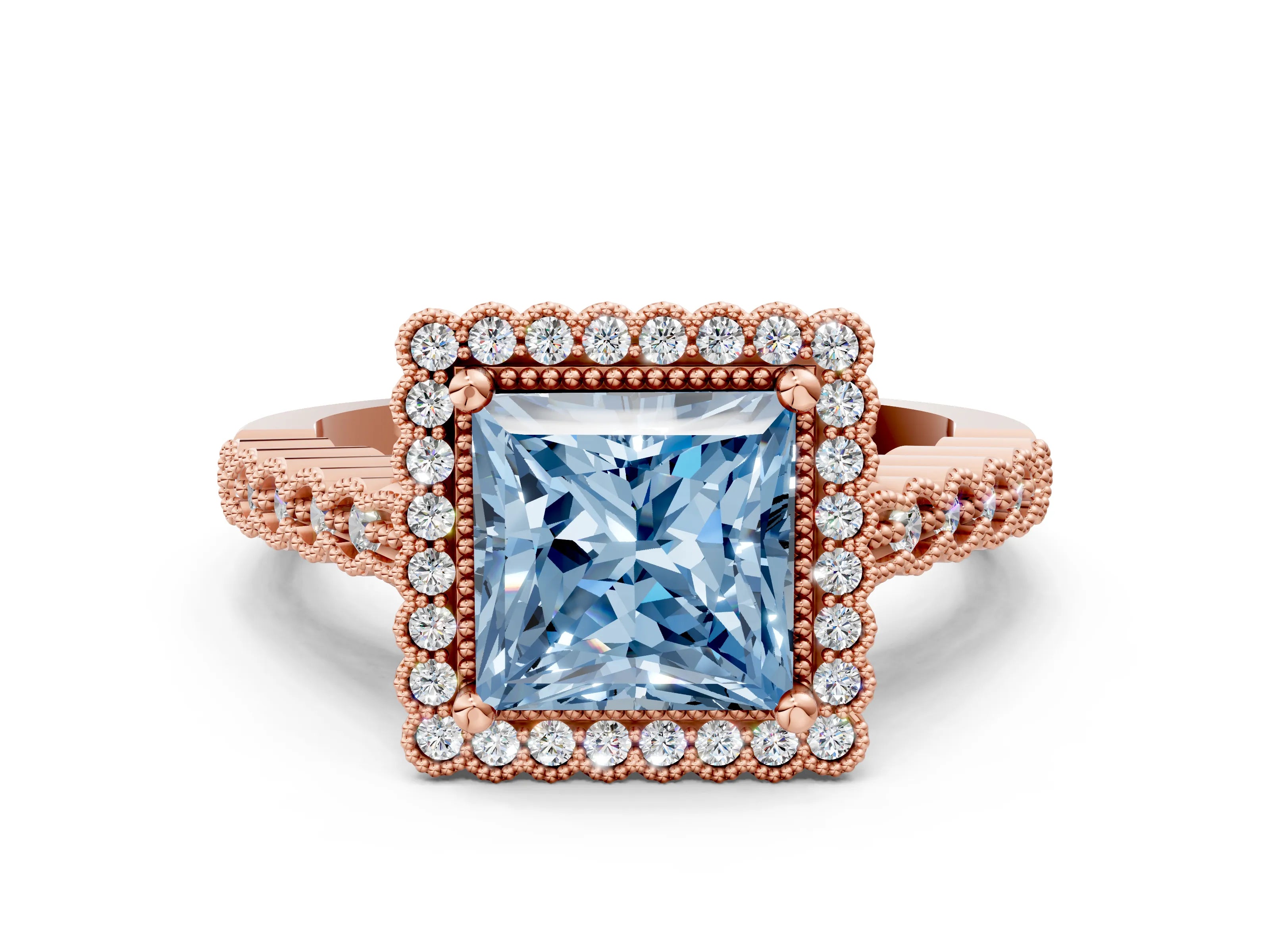 Rose gold Fancy Blue Princess Cut Cut Halo Pavé Solitaire Ring with Milgrain Band