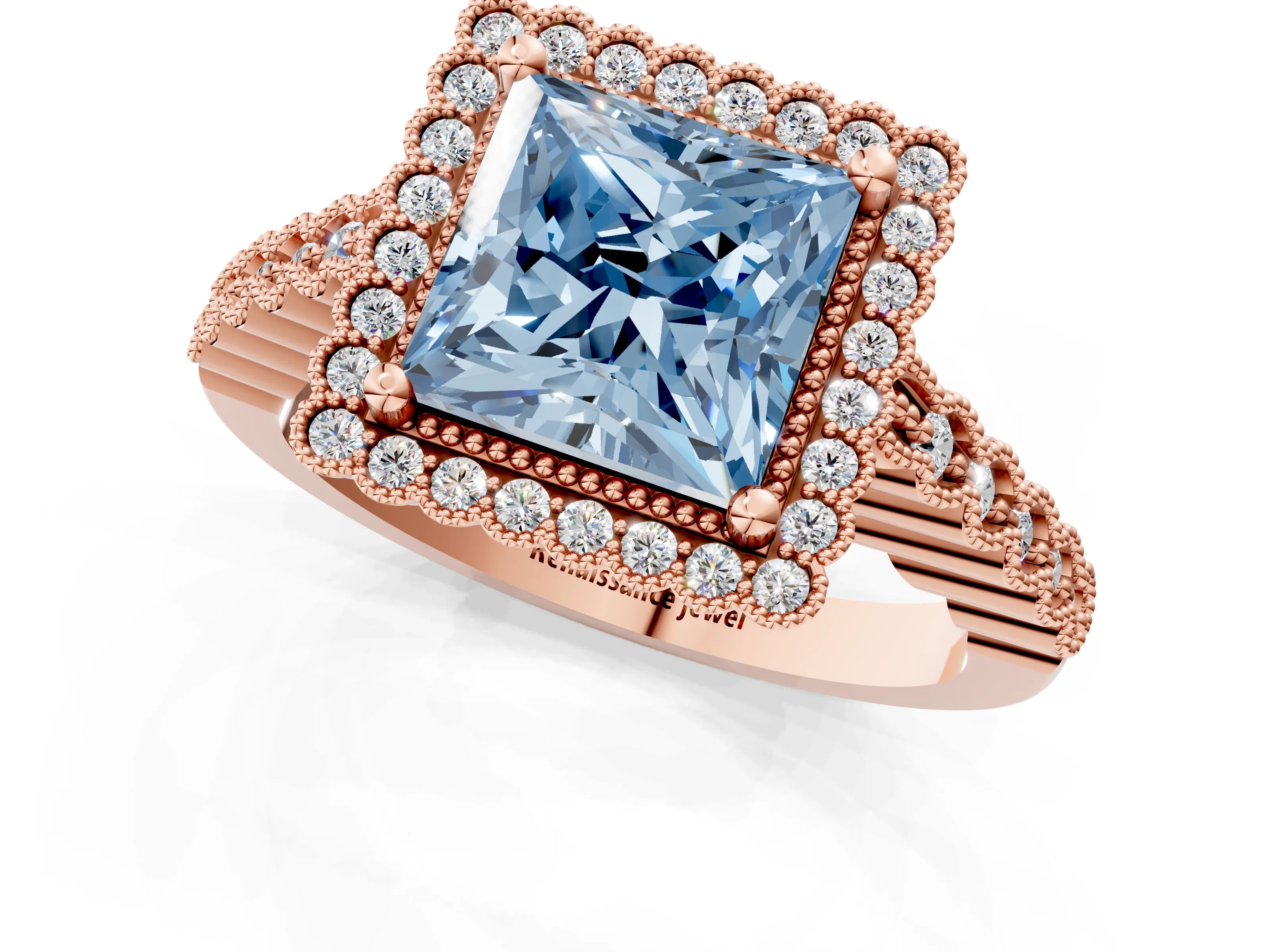 Rose gold Fancy Blue Princess Cut Cut Halo Pavé Solitaire Ring with Milgrain Band_1