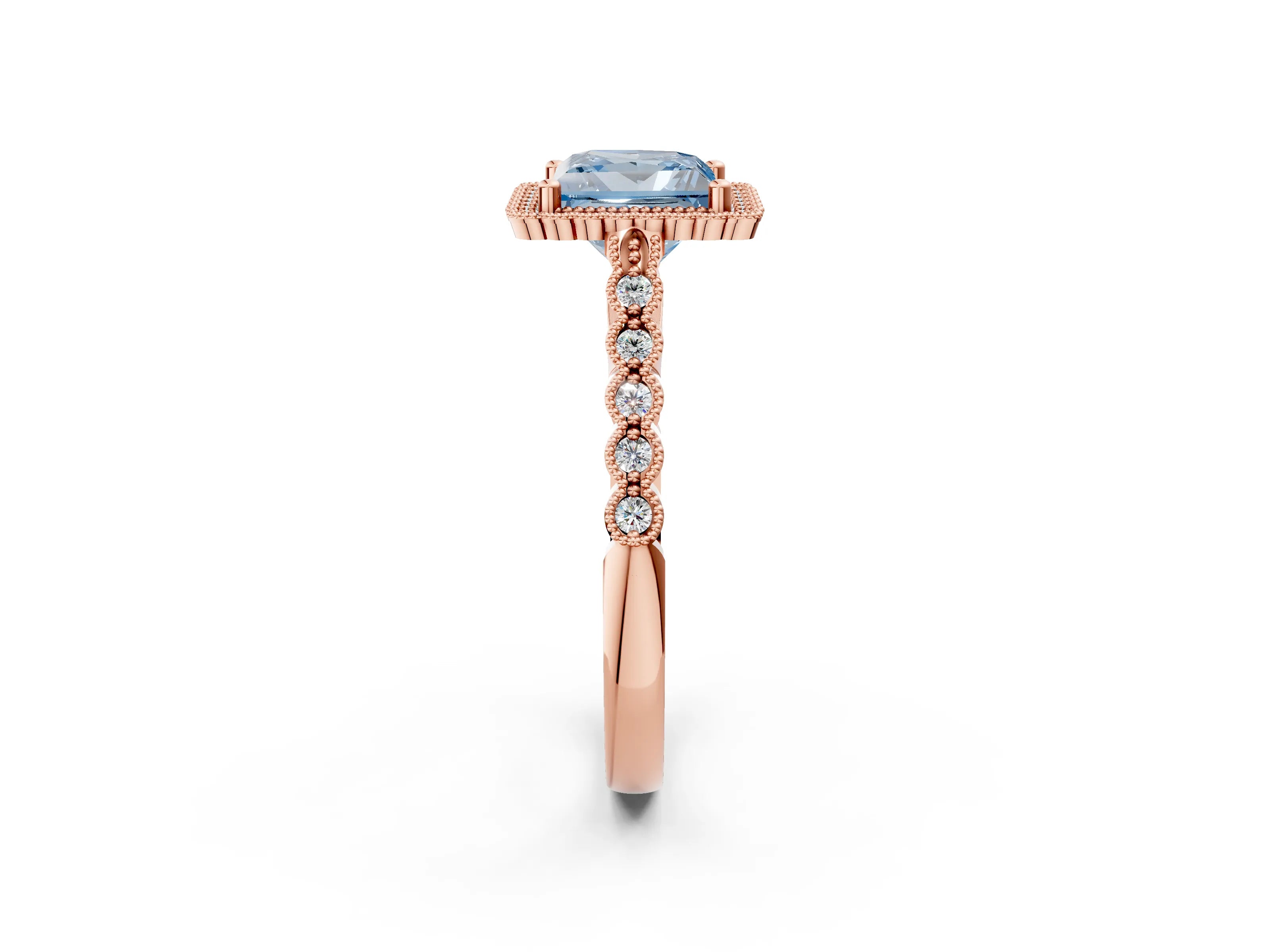 Rose gold Fancy Blue Princess Cut Cut Halo Pavé Solitaire Ring with Milgrain Band_2