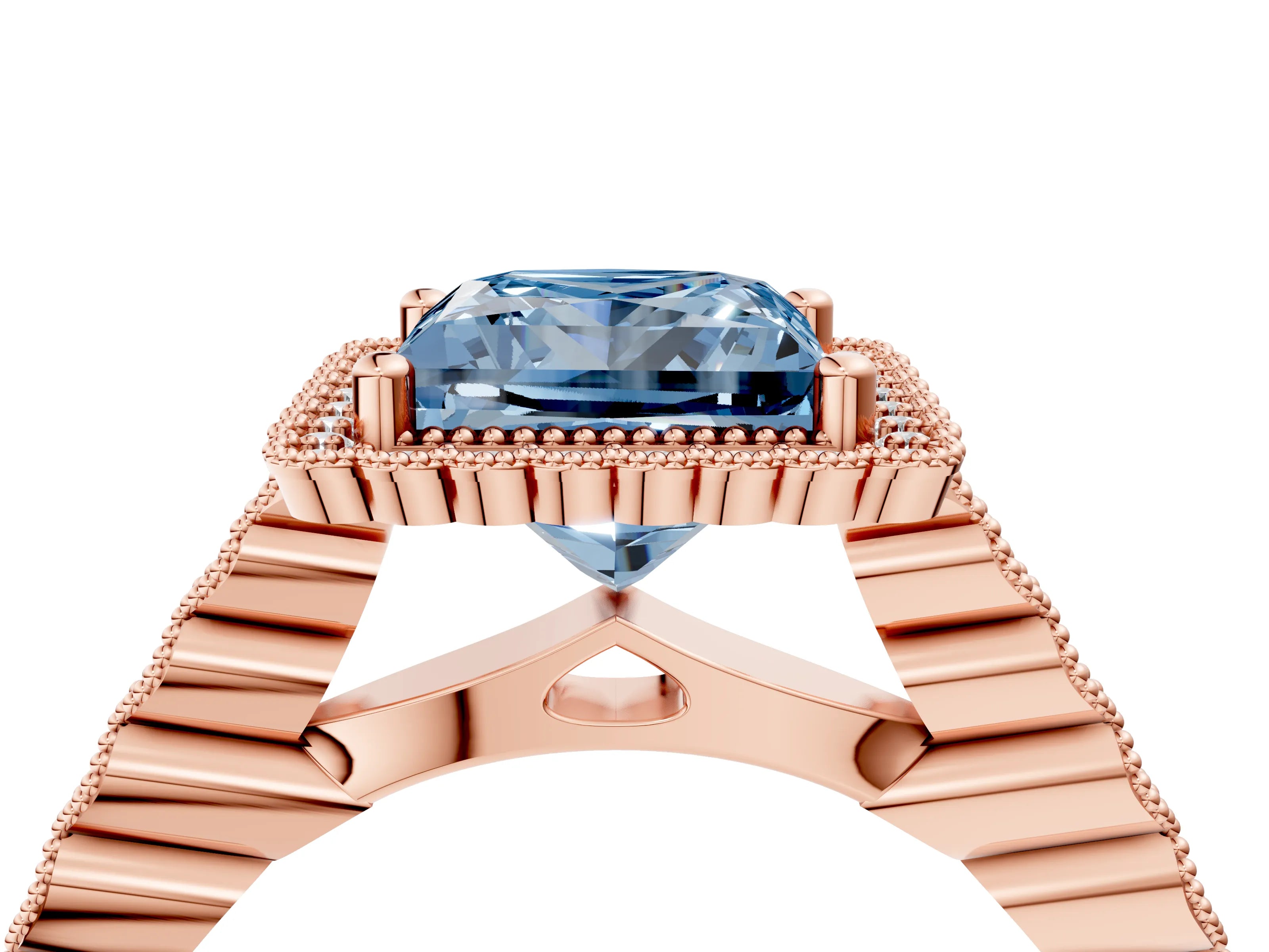 Rose gold Fancy Blue Princess Cut Cut Halo Pavé Solitaire Ring with Milgrain Band_4