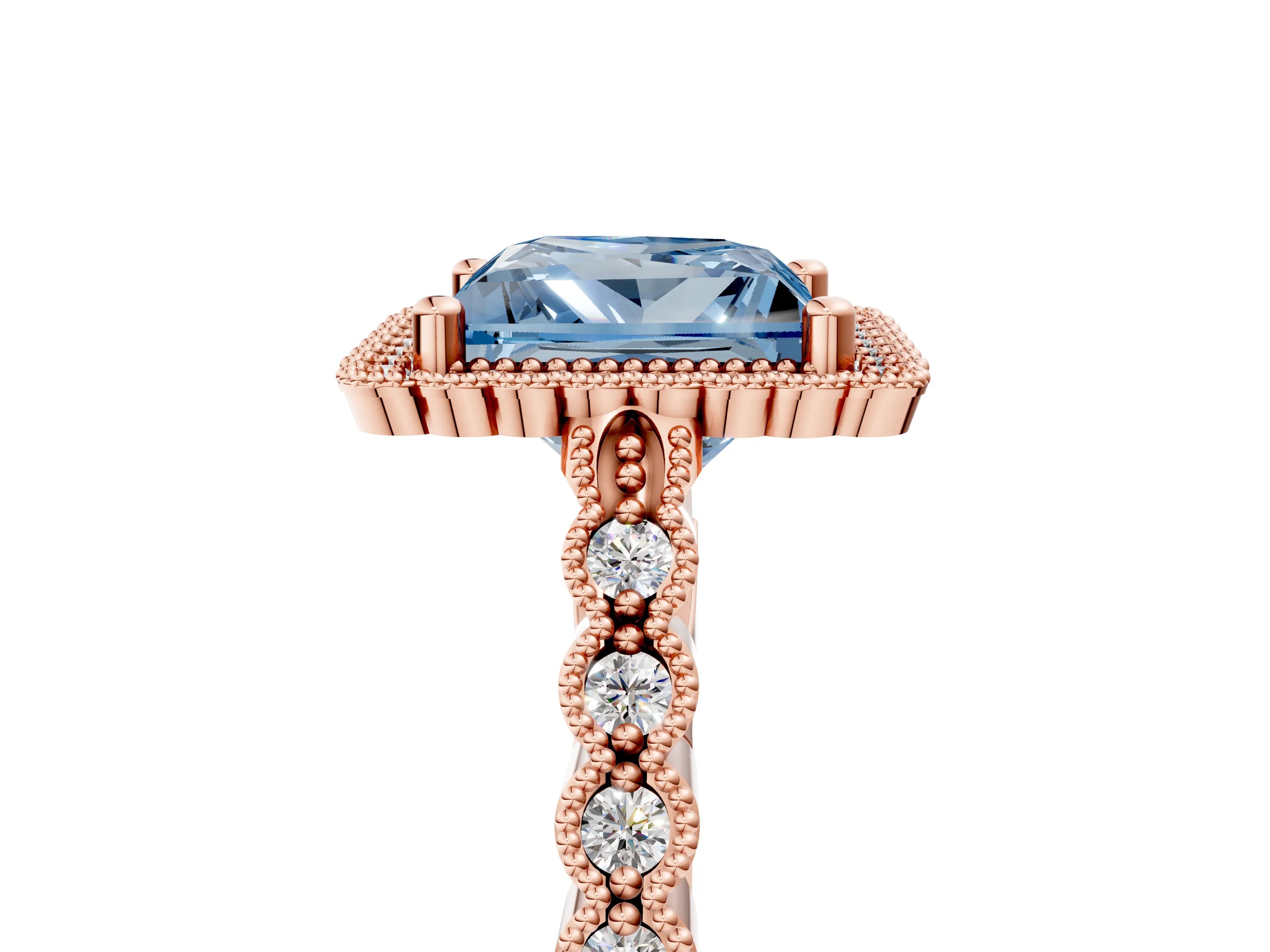 Rose gold Fancy Blue Princess Cut Cut Halo Pavé Solitaire Ring with Milgrain Band_5