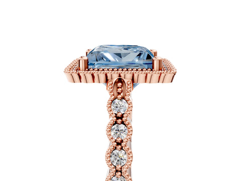 Rose gold Fancy Blue Princess Cut Cut Halo Pavé Solitaire Ring with Milgrain Band_5