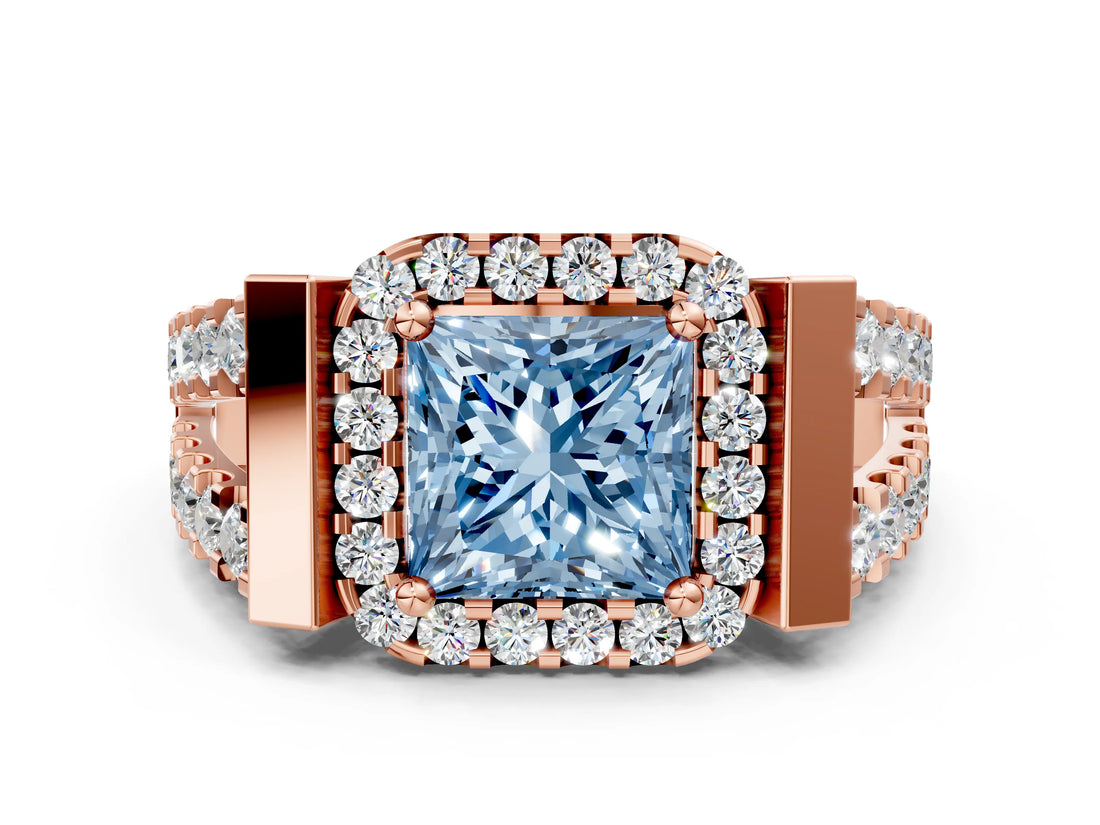 Rose gold Fancy Blue Princess Cut Cut Halo Split Shank Prong Set Ring