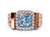 Rose gold Fancy Blue Princess Cut Cut Halo Split Shank Prong Set Ring