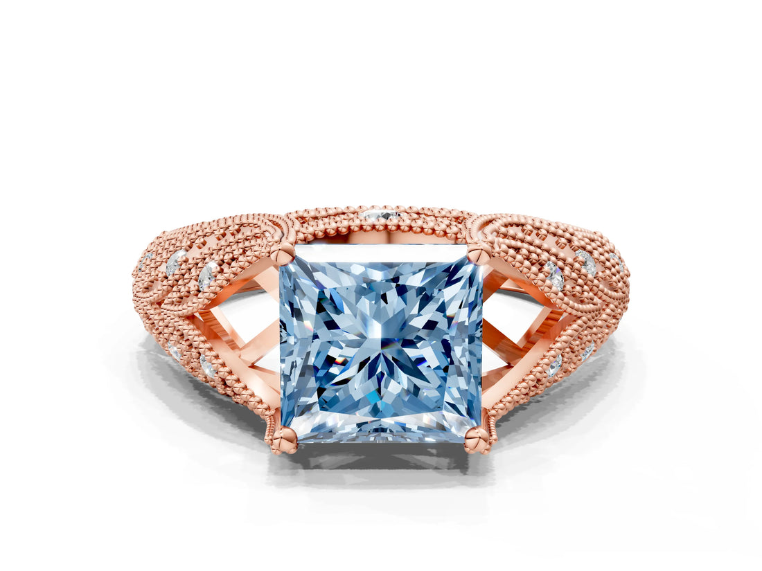 Rose gold Fancy Blue Princess Cut Cut Milgrain Pave Diamond Engagement Ring with Four-Prong Setting_26