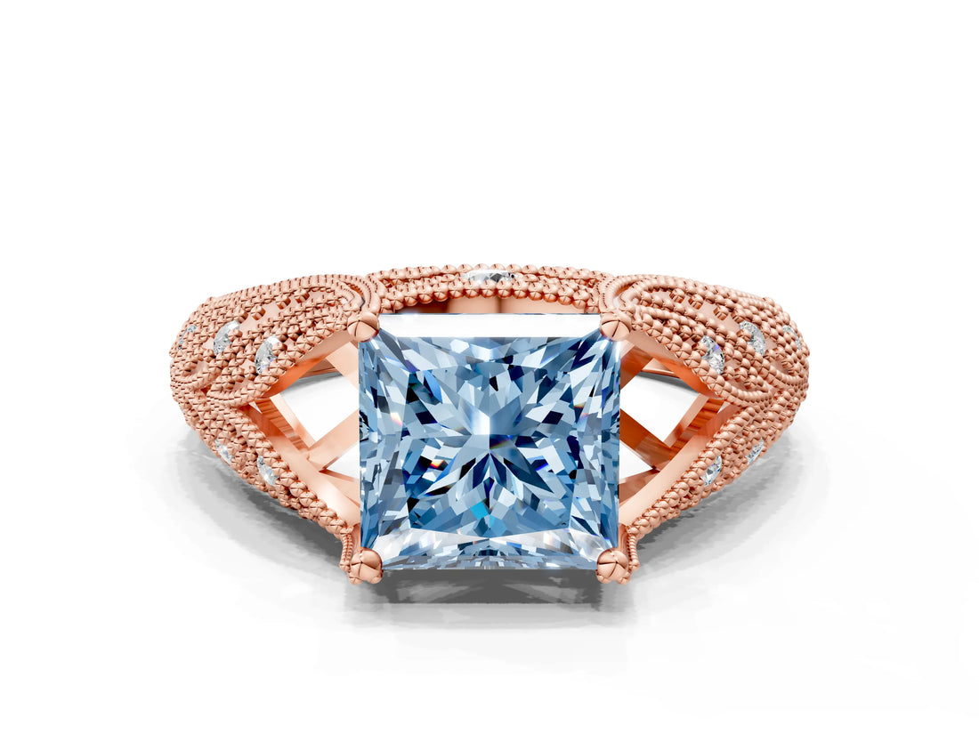Rose gold Fancy Blue Princess Cut Cut Milgrain Pave Diamond Engagement Ring with Four-Prong Setting_50