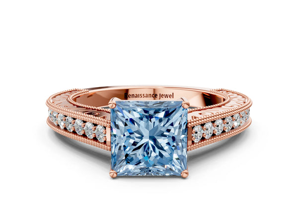 Rose gold Fancy Blue Princess Cut Cut Pave Band Milgrain Solitaire Ring