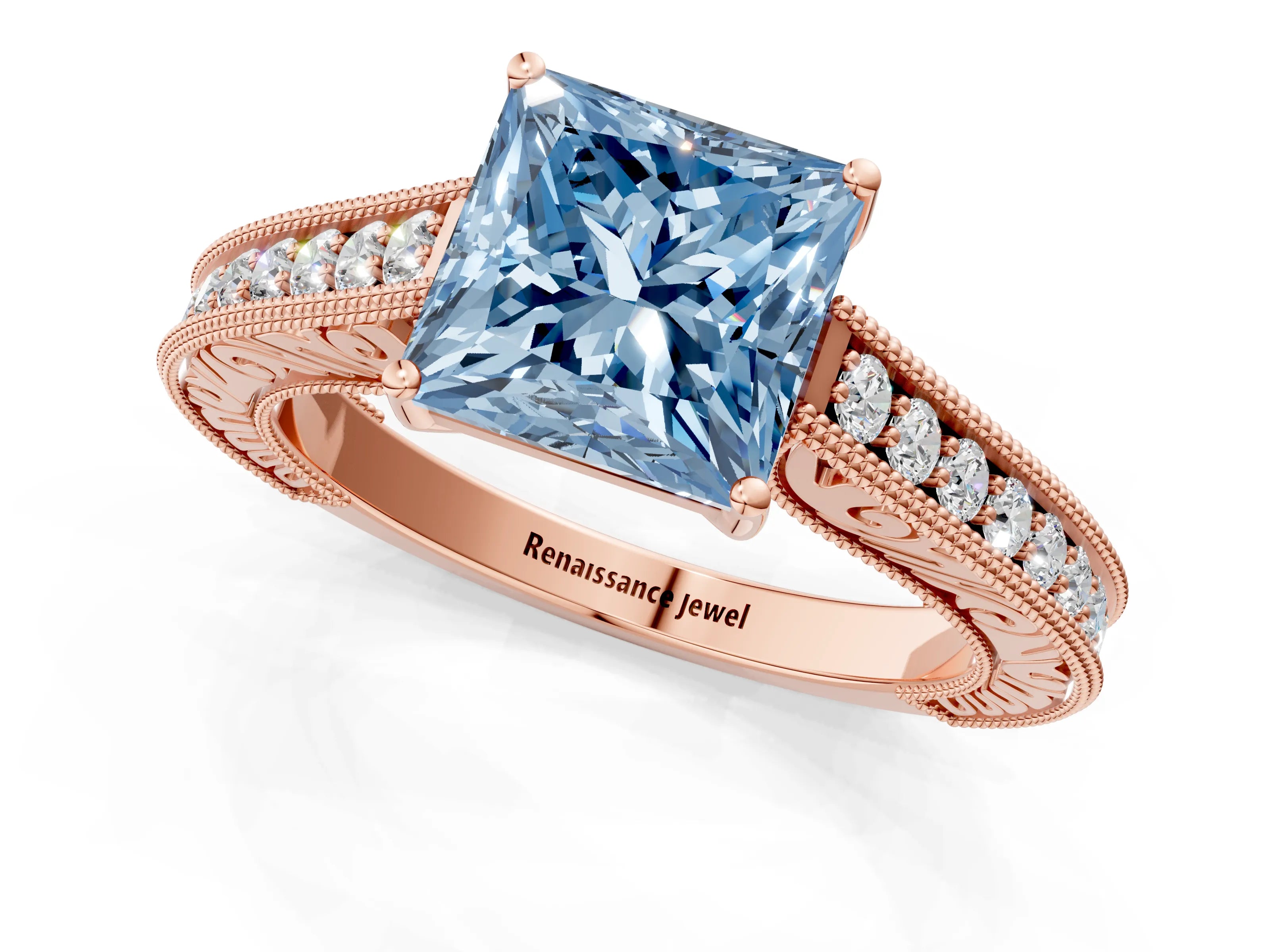 Rose gold Fancy Blue Princess Cut Cut Pave Band Milgrain Solitaire Ring_1