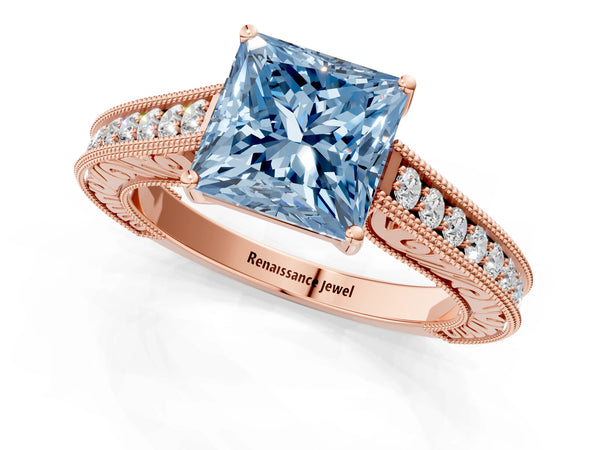 Rose gold Fancy Blue Princess Cut Cut Pave Band Milgrain Solitaire Ring